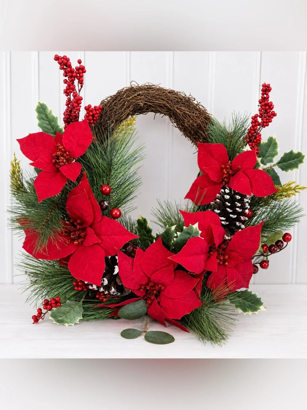 New Red Poinsettia & Pine Holiday Wreath - Classic Seasonal Door Accent